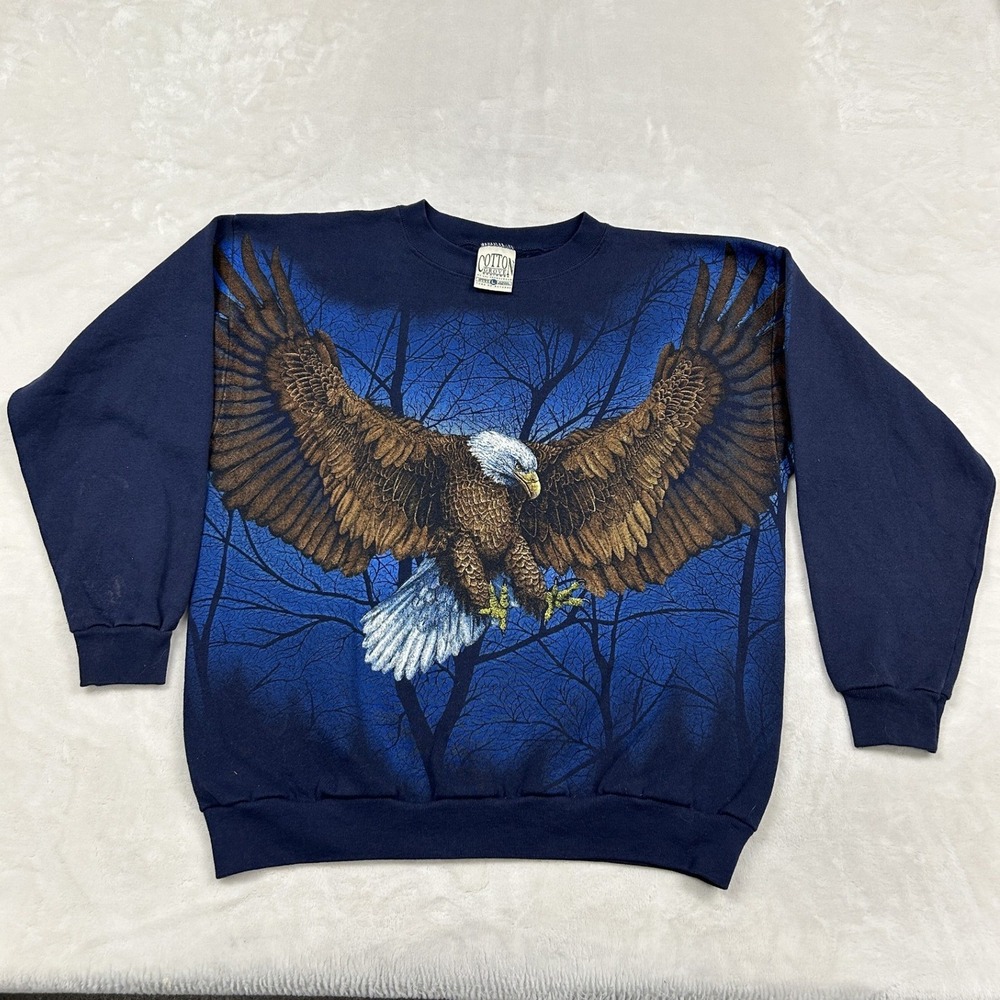 Cotton Grove Eagle Sweatshirt Mens L Navy Blue Vintage All Over Print Nature